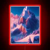 Neon-lit snow-capped mountains against a dark blue background with vibrant red peaks.