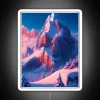 Majestic snow-capped mountains set against a dark blue background, accented with neon red hues and vibrant white snow.