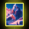 Mountain landscape with neon-lit peaks at sunset in a snowy winter wonderland.