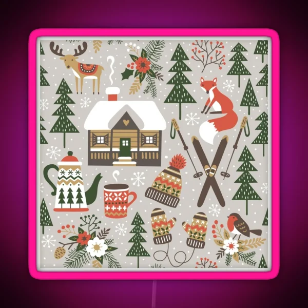 Snowy Christmas Ski Village Winter Hot Chocolate RGB Neon Sign