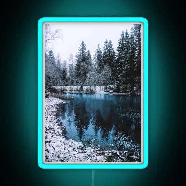 Snowy Fir Trees Next To A Frozen Lake In Winter RGB Neon Sign