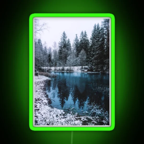 Snowy Fir Trees Next To A Frozen Lake In Winter RGB Neon Sign