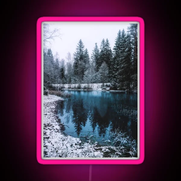 Snowy Fir Trees Next To A Frozen Lake In Winter RGB Neon Sign