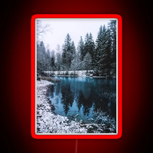 Snowy Fir Trees Next To A Frozen Lake In Winter RGB Neon Sign