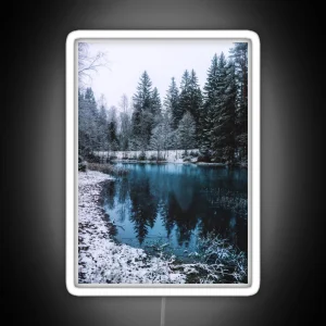 Snowy Fir Trees Next To A Frozen Lake In Winter RGB Neon Sign