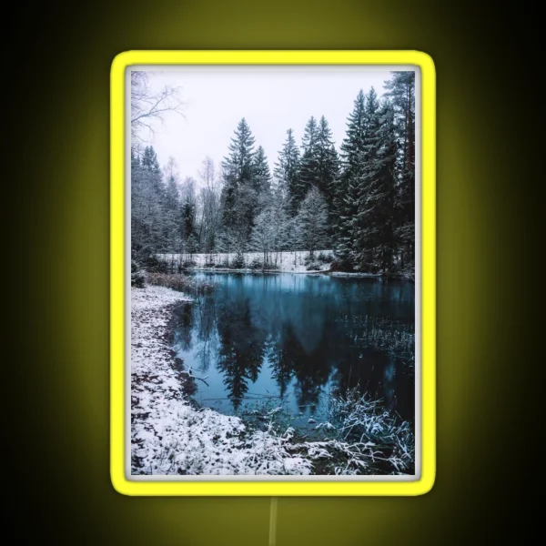 Snowy Fir Trees Next To A Frozen Lake In Winter RGB Neon Sign