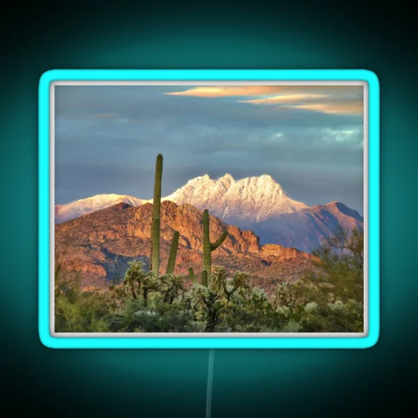 Snowy Four Peaks With Saguaros RGB Neon Sign