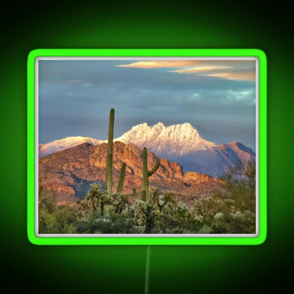 Snowy Four Peaks With Saguaros RGB Neon Sign