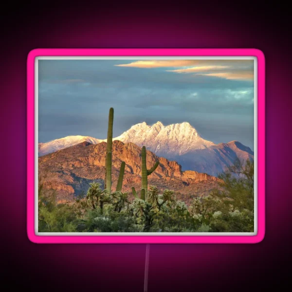 Snowy Four Peaks With Saguaros RGB Neon Sign