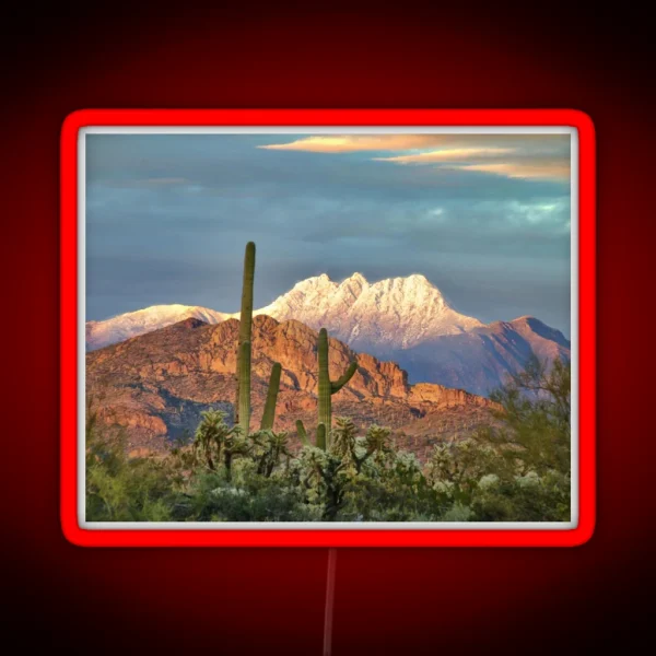 Snowy Four Peaks With Saguaros RGB Neon Sign