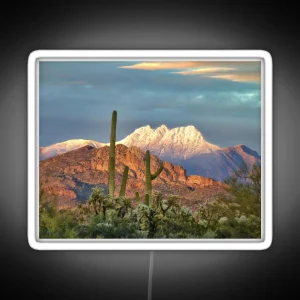 Snowy Four Peaks With Saguaros RGB Neon Sign