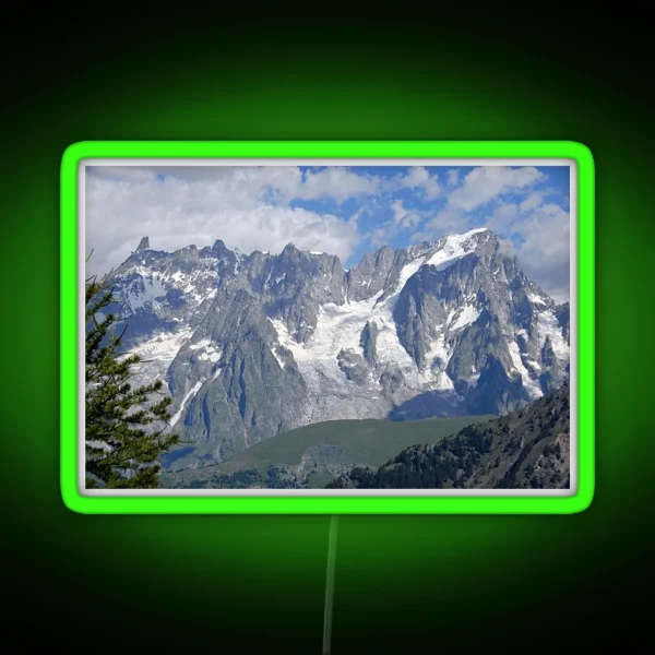 Snowy Mountain Peaks Green Meadows Alpine Landscape RGB Neon Sign