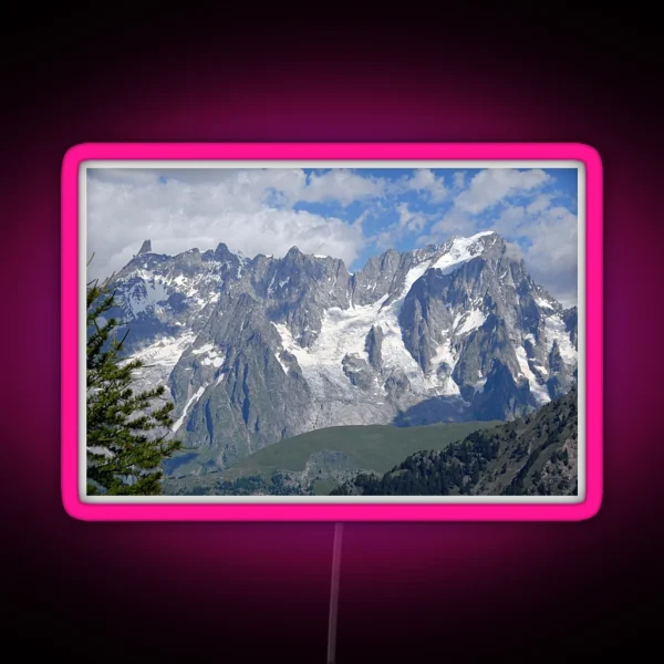 Snowy Mountain Peaks Green Meadows Alpine Landscape RGB Neon Sign