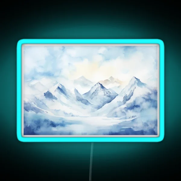 Snowy Mountains Peaks Watercolor Painting RGB Neon Sign