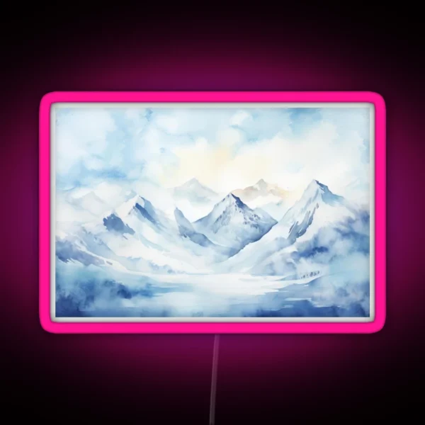 Snowy Mountains Peaks Watercolor Painting RGB Neon Sign