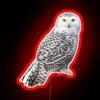 A snowy owl perched under a neon sign with vibrant red lights