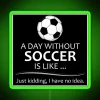 A smiling soccer player holds a gift basket with RGB neon sign reading 'A day without soccer is like...'