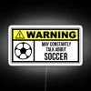Neon soccer sign with RGB colors against a white background.