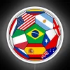 Brazilian soccer team with various international flags in a neon-lit stadium setting, referencing the 2014 World Cup.
