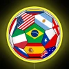 Soccer players gathered around the Brazil 2014 flag at night, lit by neon lights.