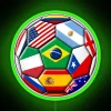 International soccer teams gathered together under a colorful neon sign with various country flags displayed.