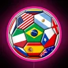 Neon soccer stadium with various country flags displayed, set against a pink background.