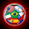 Neon soccer field with flags from around the world illuminated at night.