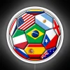 International soccer teams with vibrant flags illuminated by a neon sign.
