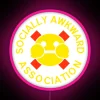 Neon logo with pink glow, representing awkward social interactions