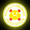 Neon logo of a socially awkward association with a yellow glow in the night, conveying quirky and unconventional relations...