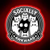 Socially awkward cat with neon sign in red.