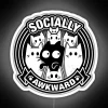 Socially awkward cat with bright neon sign in a playful, humorous setting.