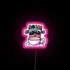 Neon pink sign with a steaming cup of coffee and a pair of socks.