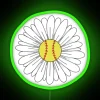 Neon softball flower logo with green accents on a bright background.