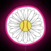 Neon pink softball logo on a flower-shaped sign, illuminated in RGB colors.