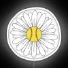 Neon softball sign with a stylized floral design in pastel colors against a white background.