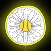 Neon yellow softball-shaped flower sign with bright, glowing colors.