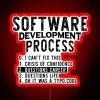Neon sign with programming jokes about software development process in RGB colors.