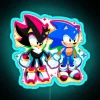 Sonic the Hedgehog character, Shadow the Hedgehog, standing in front of a blue neon sign with his arms crossed.