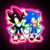 Sonic and Shadow from Sonic Adventure 2 stand in front of a neon sign, with a pink glow.