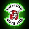 Bikers with Santa-themed gear gathered under an RGB neon sign