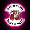 Colorful neon sign featuring an LED-lit biker Santa Claus design in pink hue.