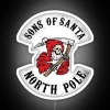 Brightly lit biker gang neon sign with Santa Claus theme