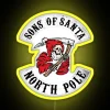 Neon sign with yellow letters reading 'Sons of Santa Bikers'