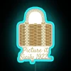 Sophia's wicker purse against a neon sign background