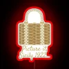 Sophia's wicker purse under neon sign in red.