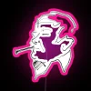 Neon RGB sign with a pink hue, featuring a sophisticated smoker design in a stylized font.