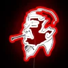 Neon sign with an urban, sophisticated smoker logo in red and blue colors.