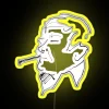 Neon sign with RGB colors displaying a sophisticated smoker logo in yellow.