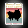 Pomeranian with owner near colorful neon signs, indicating a pet's inability to participate in agility due to breed or siz...
